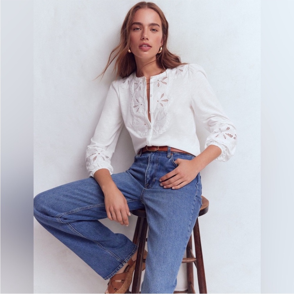 NWT Boden Scallop Cutwork Top in White